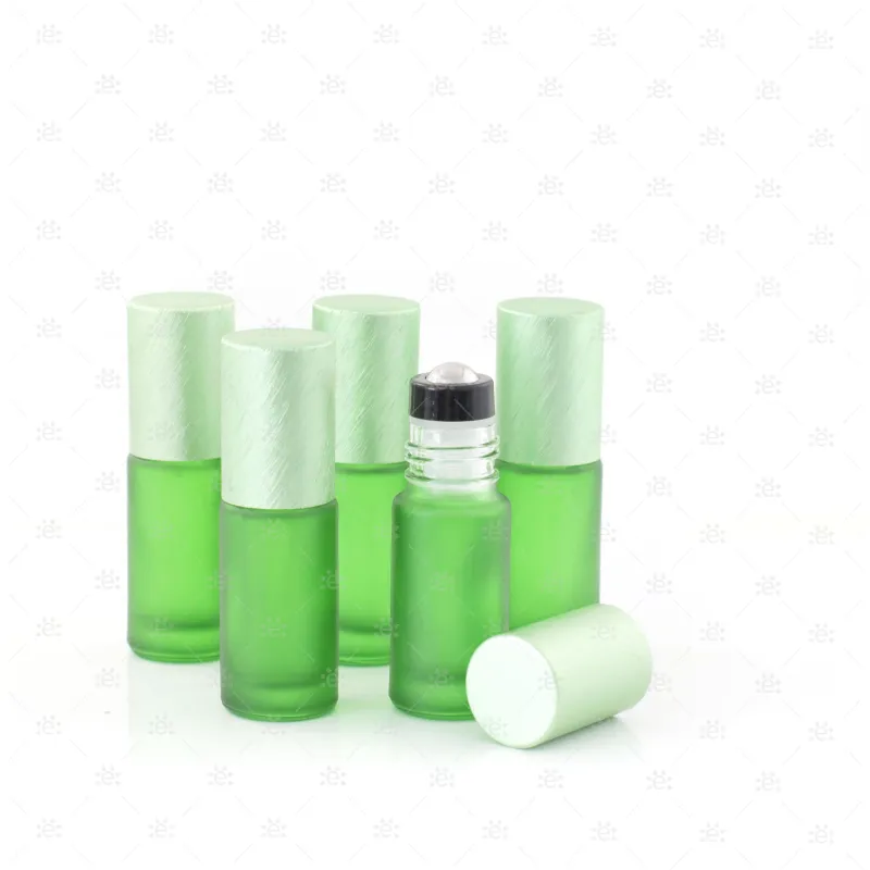 Deluxe Frosted 5ml Green Roller Bottles with Green Metallic Caps & Premium Rollers (5 pack)
