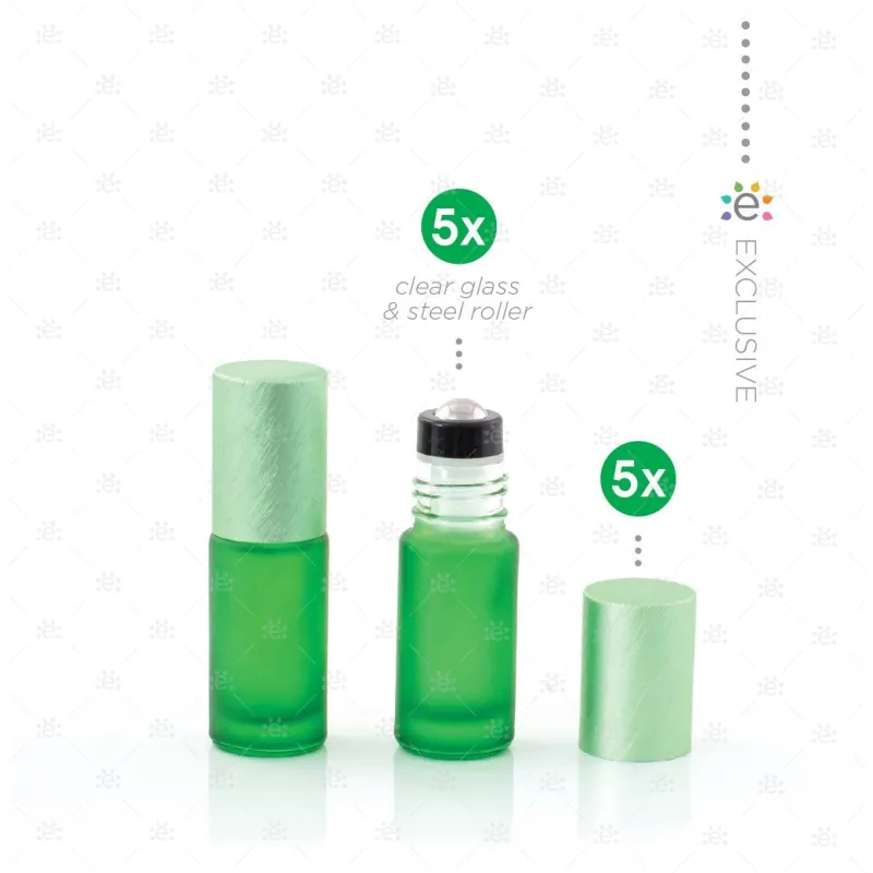 Deluxe Frosted 5ml Green Roller Bottles with Green Metallic Caps & Premium Rollers (5 pack)