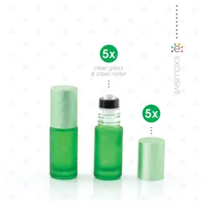 Deluxe Frosted 5ml Green Roller Bottles with Green Metallic Caps & Premium Rollers (5 pack)