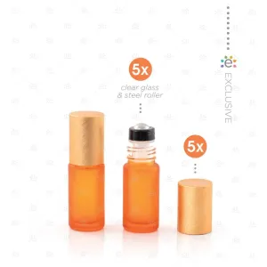 Deluxe Frosted 5ml Orange Roller Bottles with Orange Metallic Caps & Premium Rollers (5 pack)
