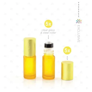Deluxe Frosted 5ml Yellow Roller Bottles with Yellow Metallic Caps & Premium Rollers (5 pack)