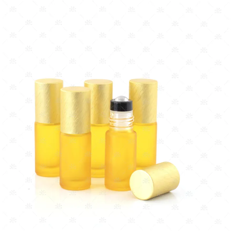 Deluxe Frosted 5ml Yellow Roller Bottles with Yellow Metallic Caps & Premium Rollers (5 pack)
