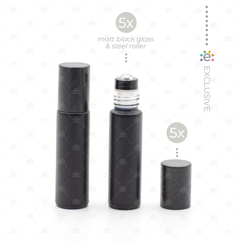 Deluxe Matte 10ml Black roller bottles with Black Metallic Caps & Premium Rollers (5 pack)