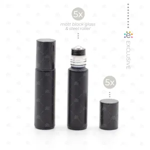 Deluxe Matte 10ml Black roller bottles with Black Metallic Caps & Premium Rollers (5 pack)
