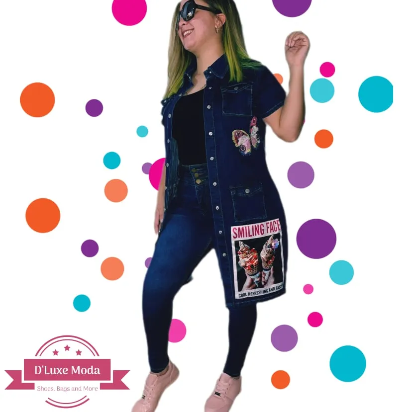 Denim jacket with flap pocket and colorful design