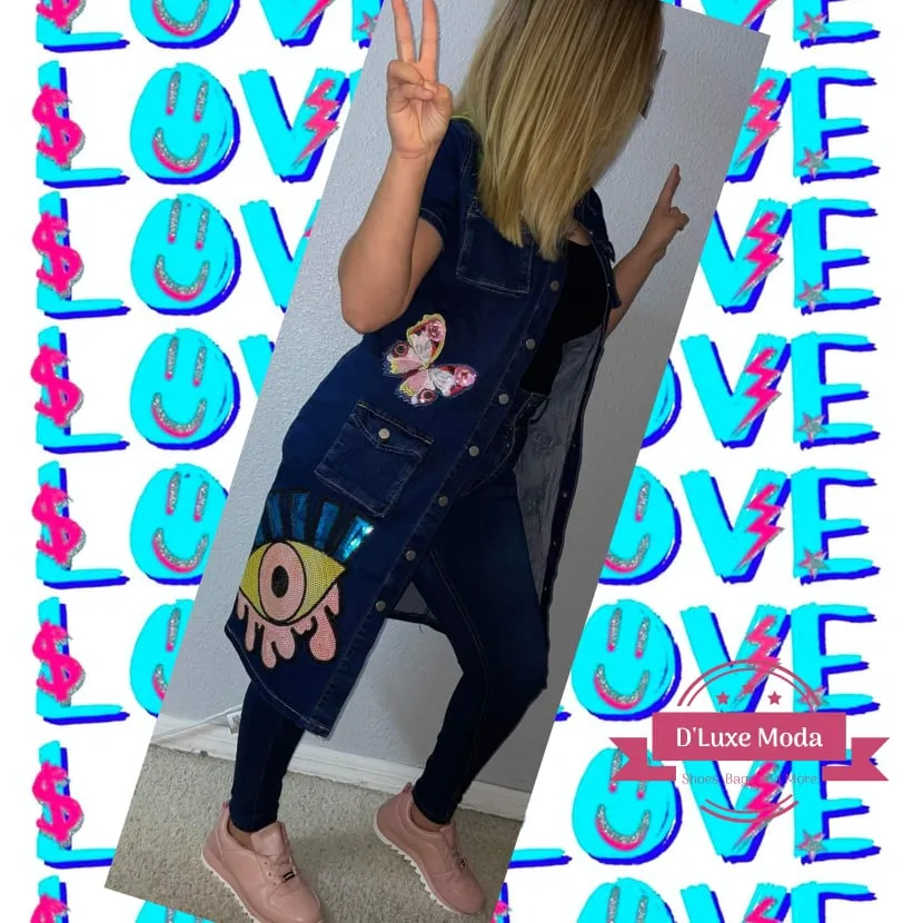 Denim jacket with flap pocket and colorful design
