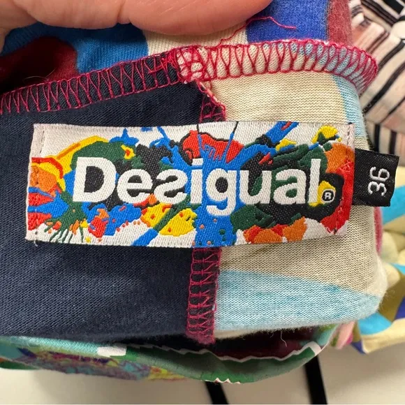 Desigual Colorful Artsy A Line Skirt Womens 6 Art to Wear Patchwork Mini Pull On