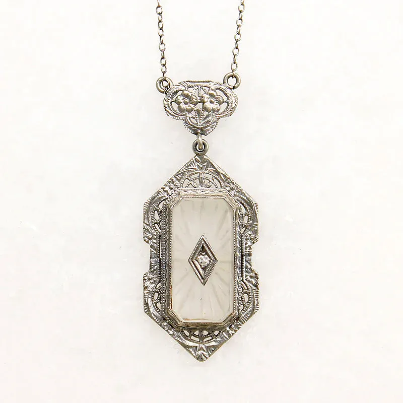 Diamond-Set Camphor Glass in White Gold Filigree Necklace