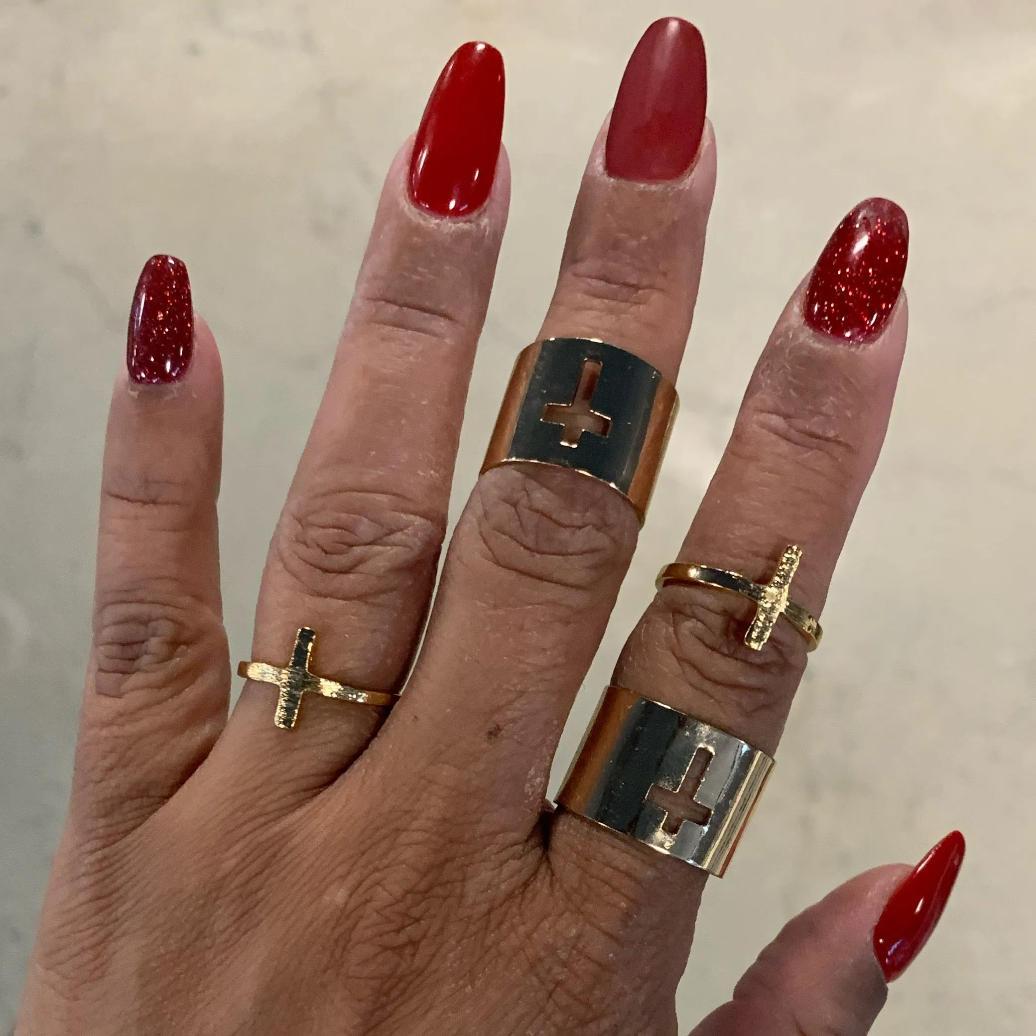 Dios mío Gold Sideways Cross Ring