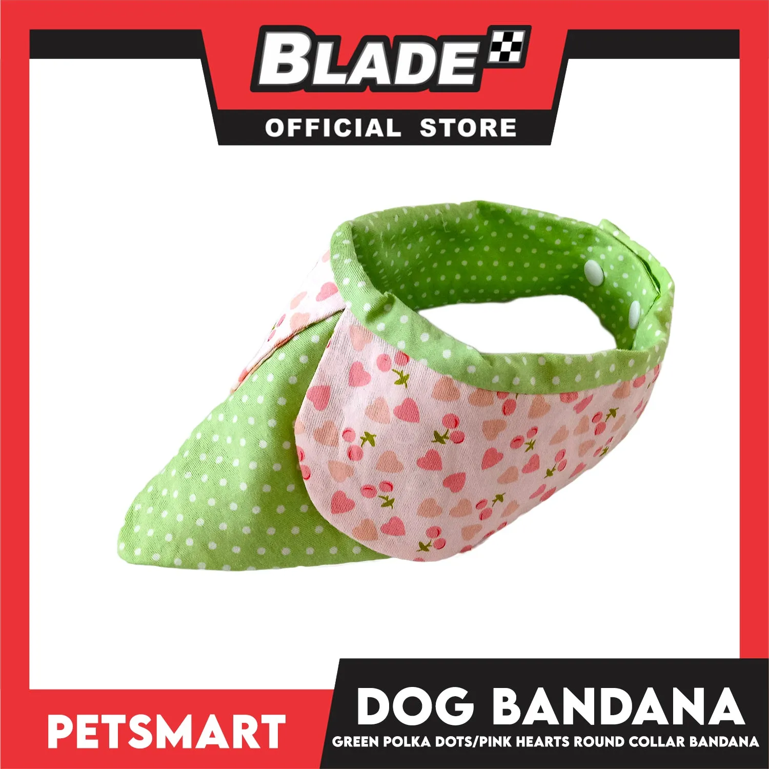 Dog Collar Bandana, Green Polka Dots with Pink Heart Round Collar Bandana DB-CTN42L (Large) Soft and Comfortable Pet Bandana