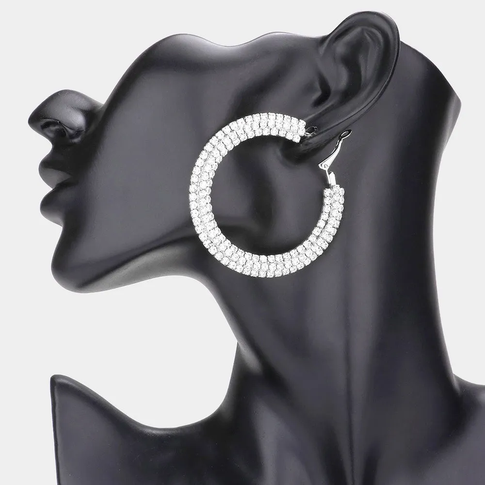 Elegant 3 Row Rhinestone Hoop Earrings  | 2.25" | 585250