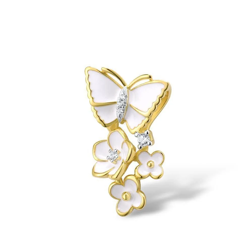Elegant Enamel Orchid Flower & Butterfly Pendant