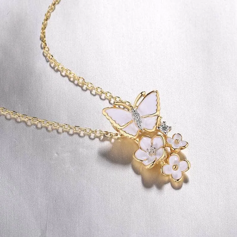 Elegant Enamel Orchid Flower & Butterfly Pendant