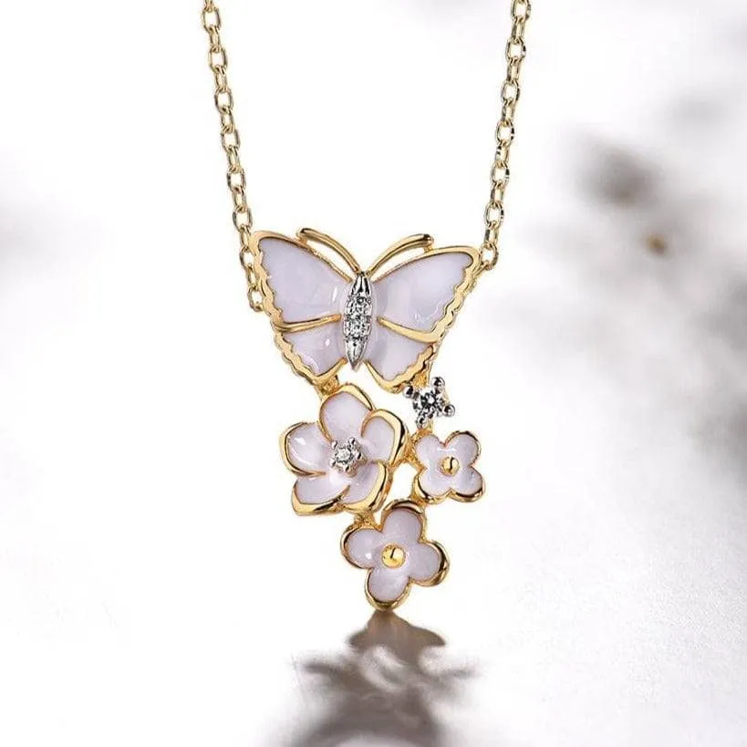Elegant Enamel Orchid Flower & Butterfly Pendant