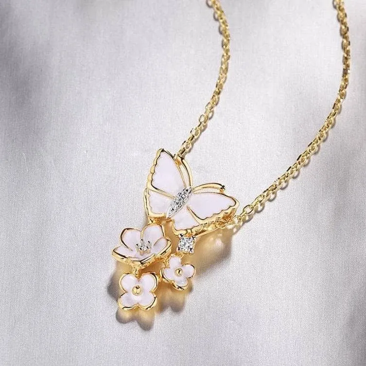 Elegant Enamel Orchid Flower & Butterfly Pendant
