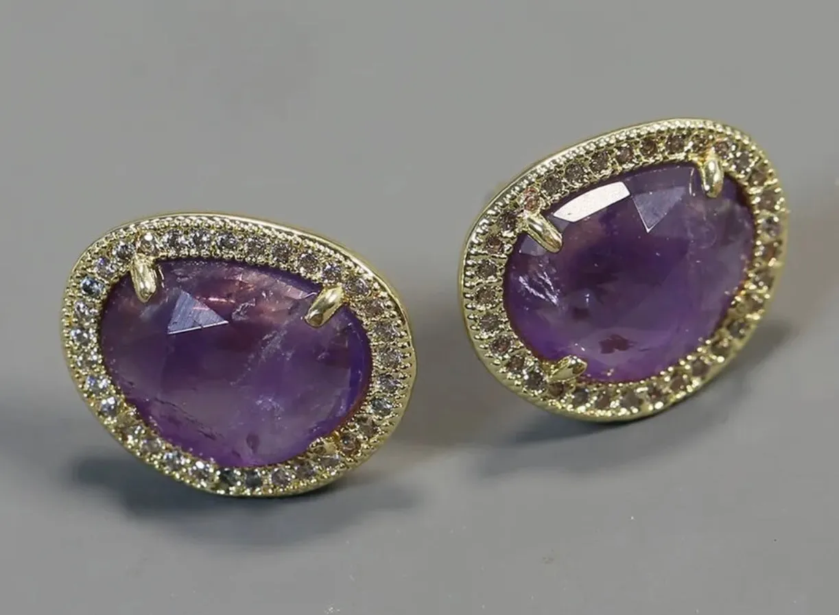 Elegant Faceted Purple Amethyst Bezel Set Pave Stud Earrings