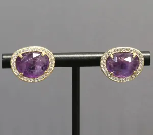 Elegant Faceted Purple Amethyst Bezel Set Pave Stud Earrings