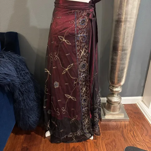 Elegant Floral Burgundy Wrap Around Skirt