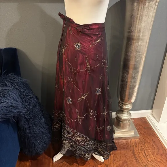 Elegant Floral Burgundy Wrap Around Skirt