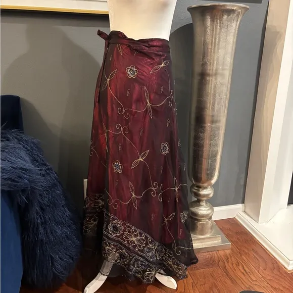Elegant Floral Burgundy Wrap Around Skirt