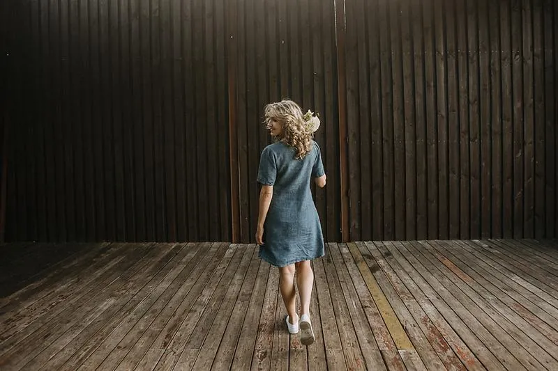 Elegant Short-Sleeves Denim Linen  Dress