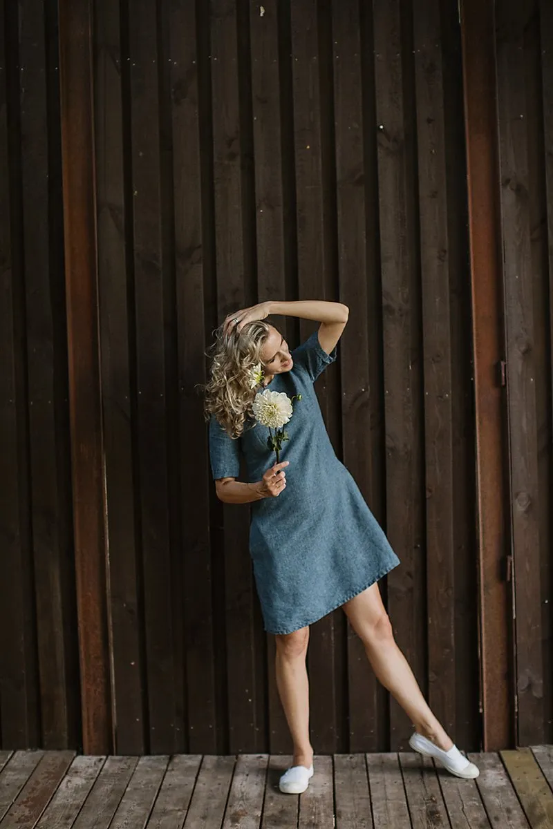 Elegant Short-Sleeves Denim Linen  Dress