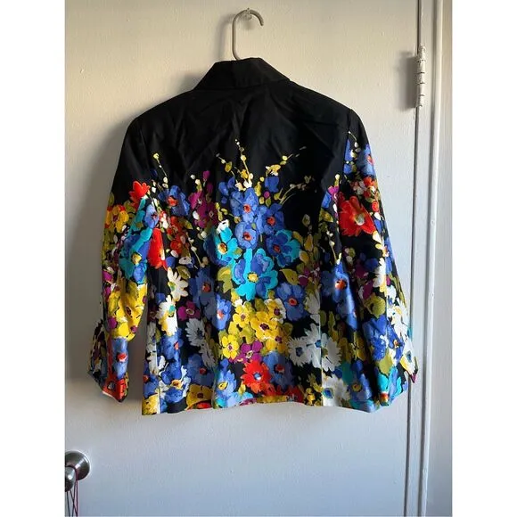 Erin Womens Medium Black Floral Professional Jacket with Pockets Spring