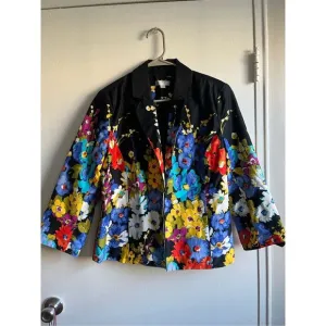 Erin Womens Medium Black Floral Professional Jacket with Pockets Spring