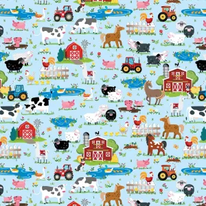 Farm Life Scenic Blue Barnyard Rules Fabric 14373-55