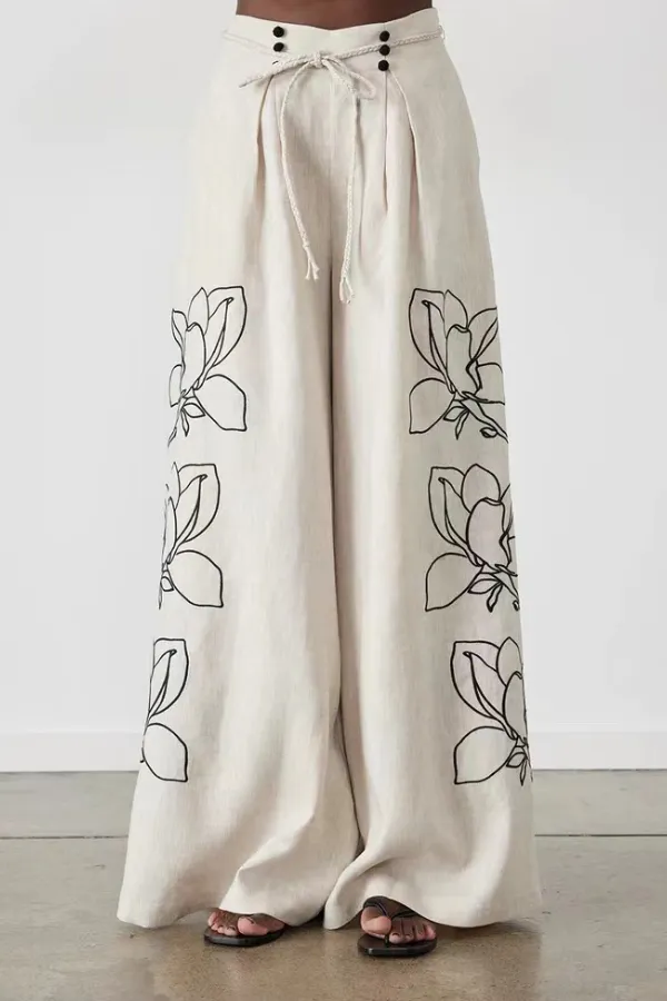 Fashionable cotton and linen printed wide-leg pants suit