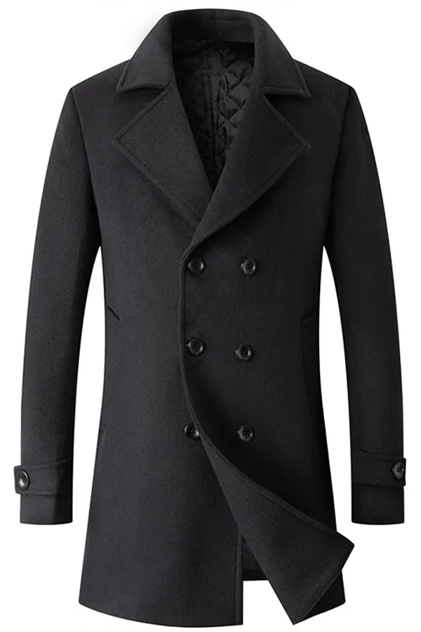 Fashionable double-breasted lapel mid-length woolen men's coat