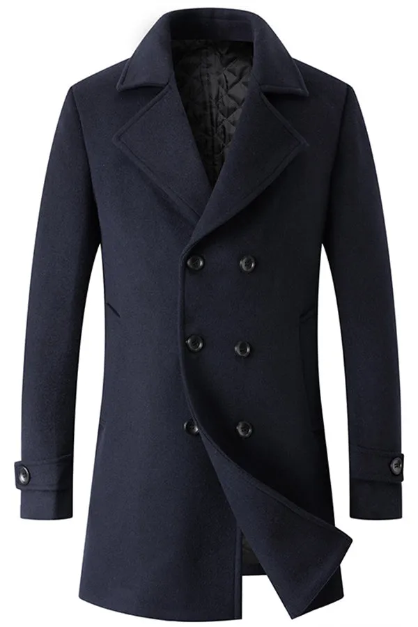 Fashionable double-breasted lapel mid-length woolen men's coat