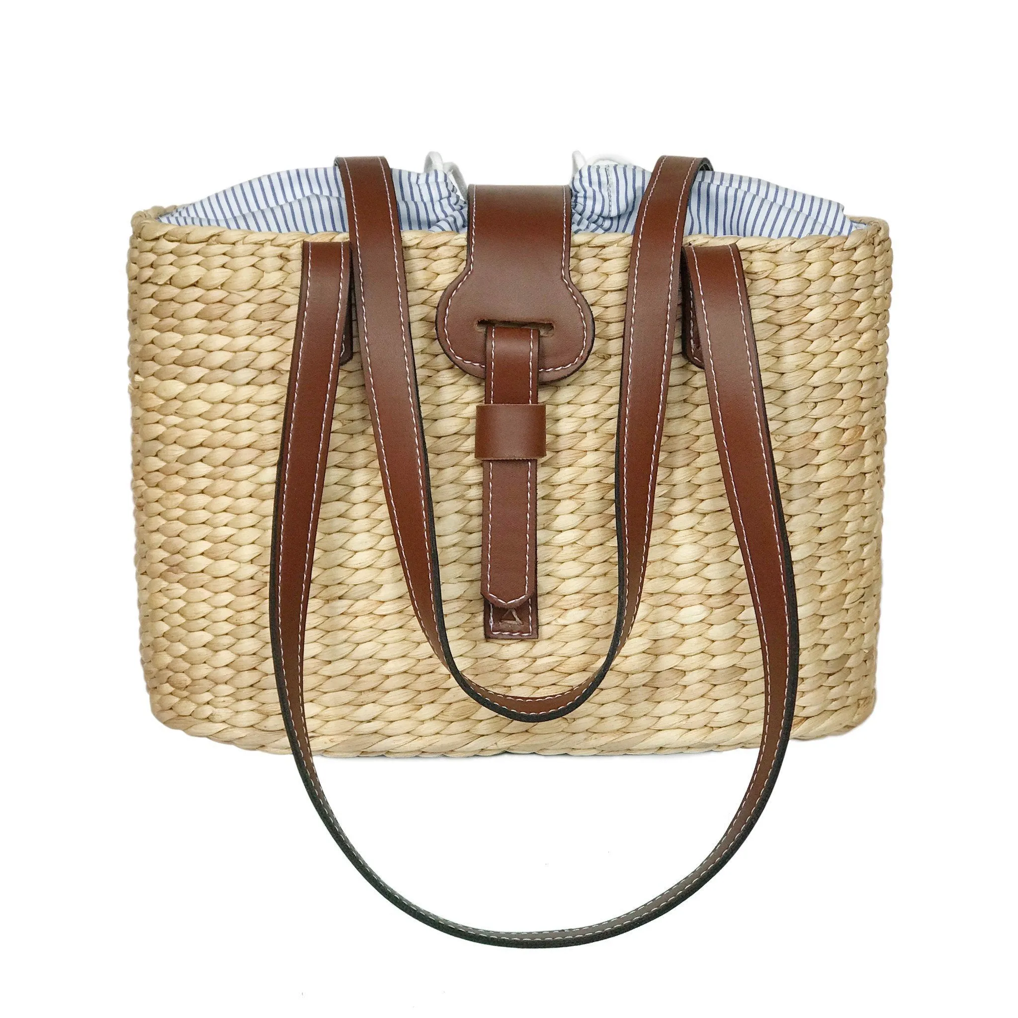 Fashionable Leather Handle Square Basket Bag, Handmade Bag