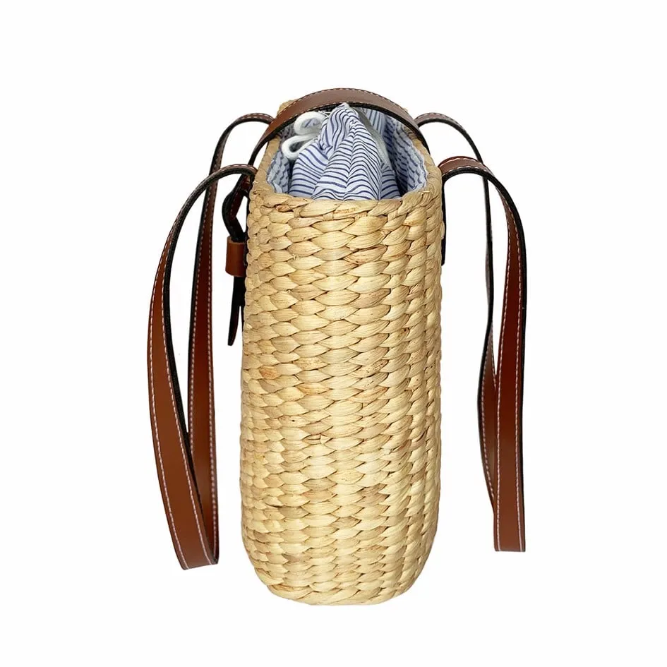 Fashionable Leather Handle Square Basket Bag, Handmade Bag