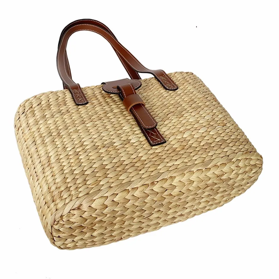 Fashionable Leather Handle Square Basket Bag, Handmade Bag
