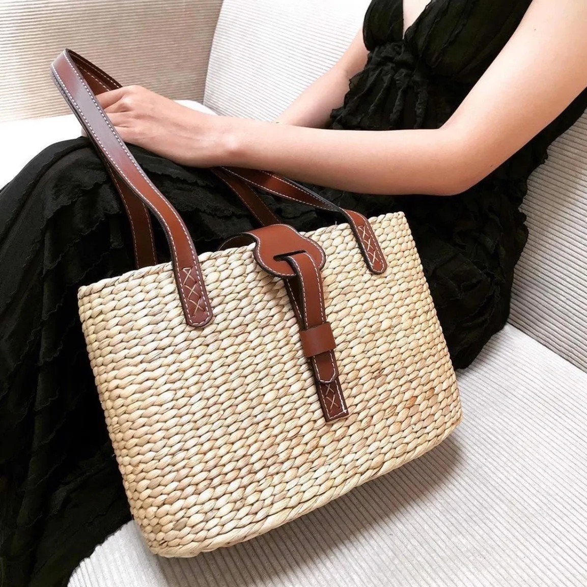 Fashionable Leather Handle Square Basket Bag, Handmade Bag
