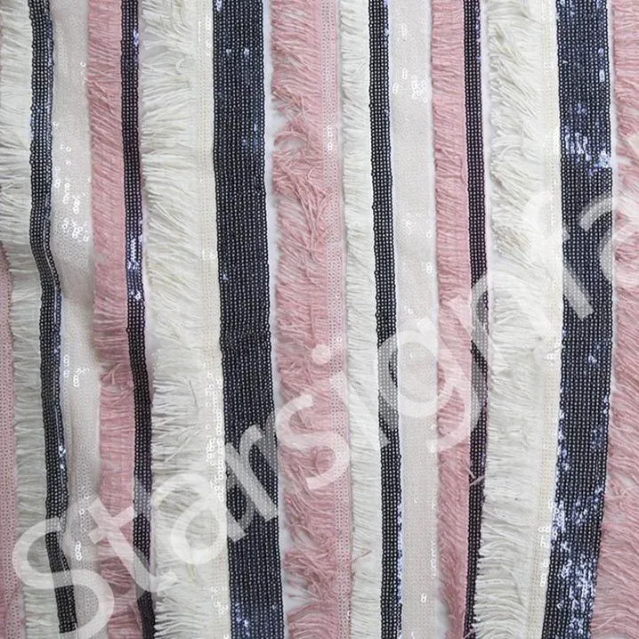 Fringed Line Design Sequin Thread Embroidered Fabric