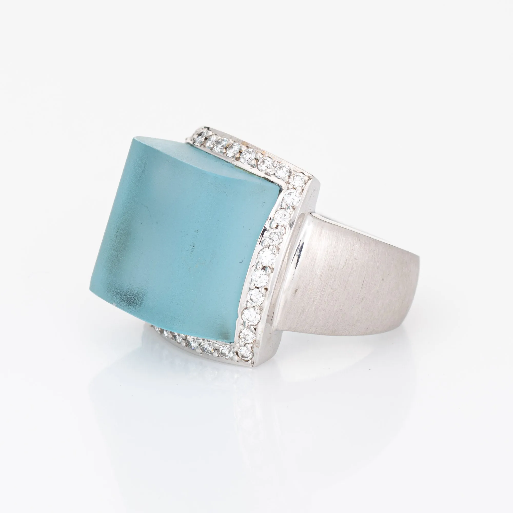 Frosted Blue Topaz Diamond Cube Ring Vintage 18k Gold Jewelry Satin Finish 6.25