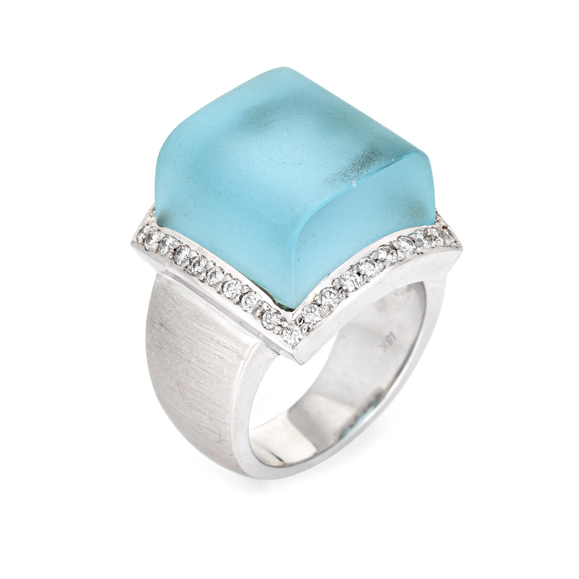 Frosted Blue Topaz Diamond Cube Ring Vintage 18k Gold Jewelry Satin Finish 6.25