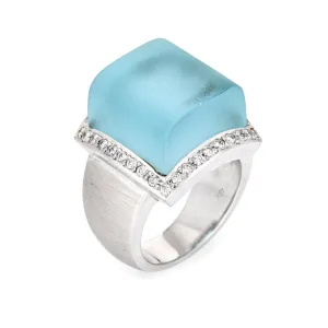 Frosted Blue Topaz Diamond Cube Ring Vintage 18k Gold Jewelry Satin Finish 6.25
