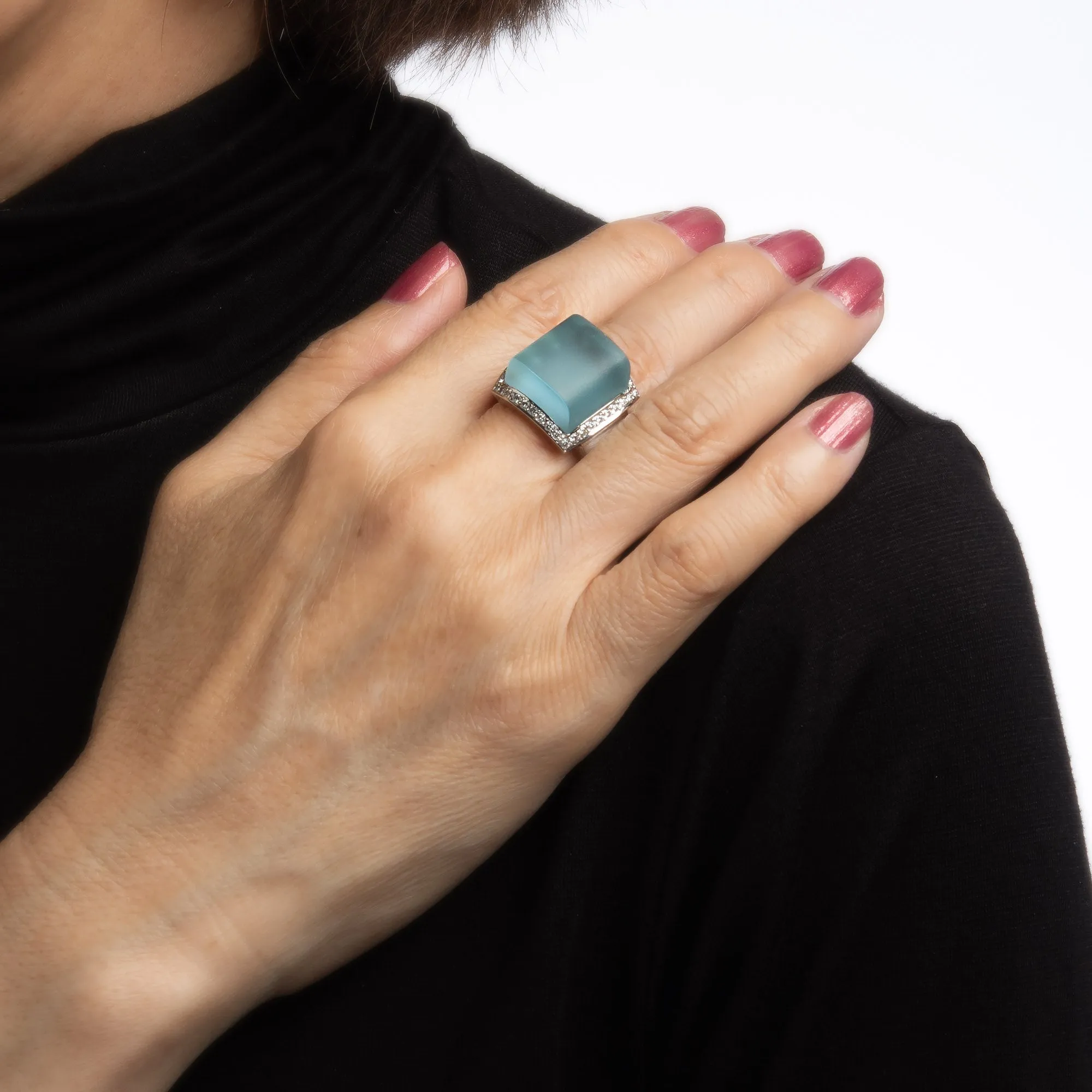 Frosted Blue Topaz Diamond Cube Ring Vintage 18k Gold Jewelry Satin Finish 6.25