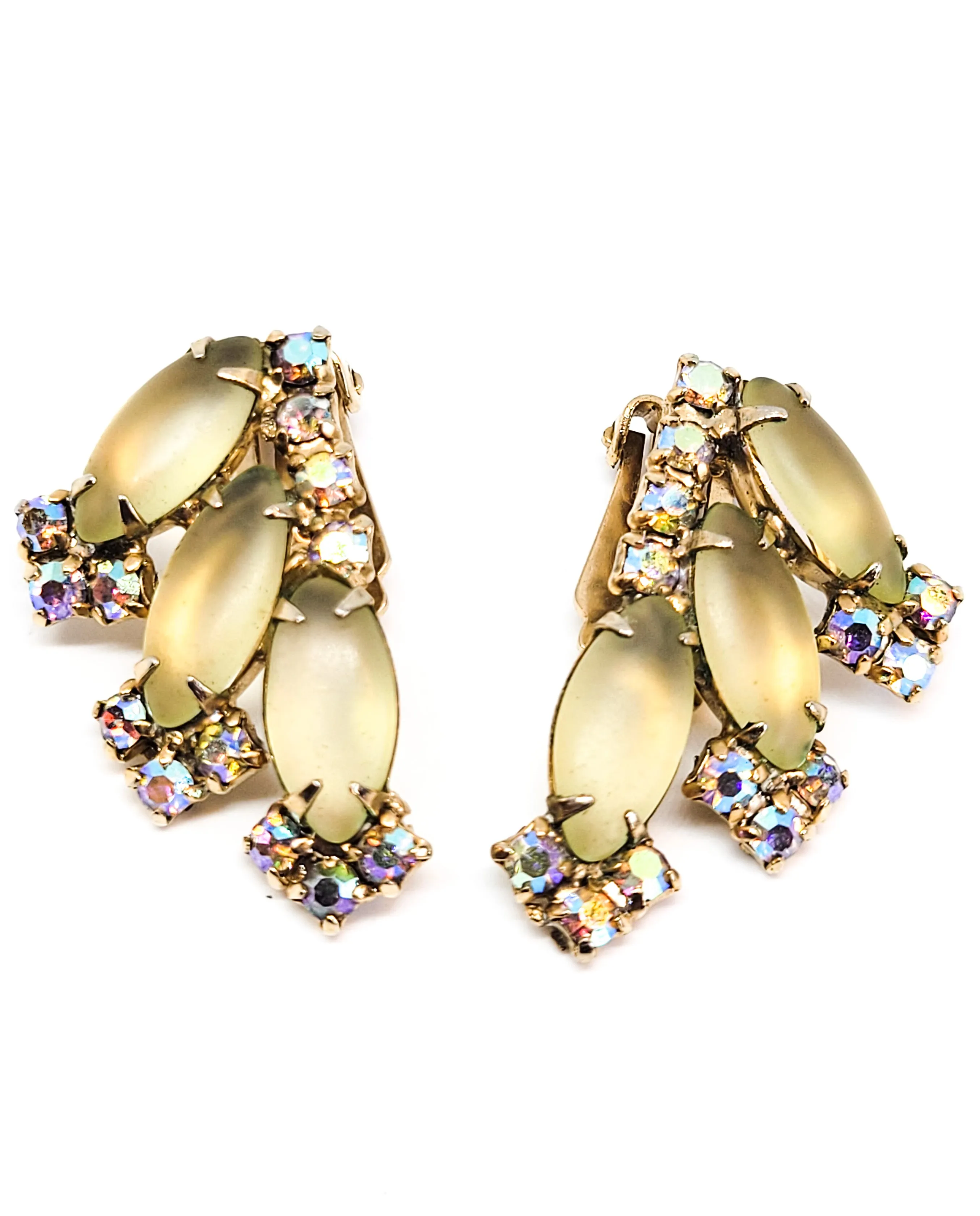Frosted Navette Aurora Borealis rainbow rhinestone vintage clip on earrings mid century