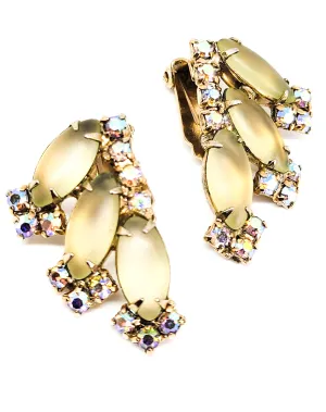 Frosted Navette Aurora Borealis rainbow rhinestone vintage clip on earrings mid century