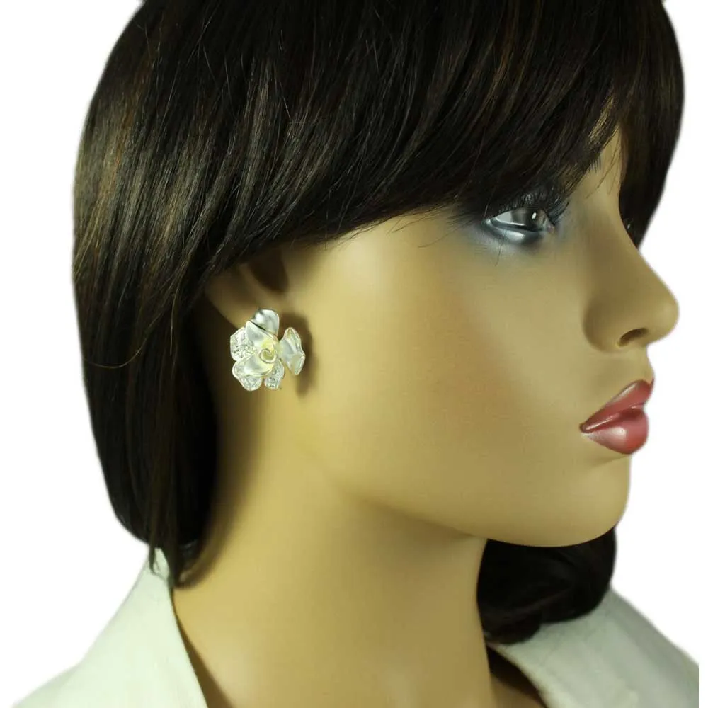 Frosted Silver-tone and Crystal Rose Pierced Earring - RSN619E