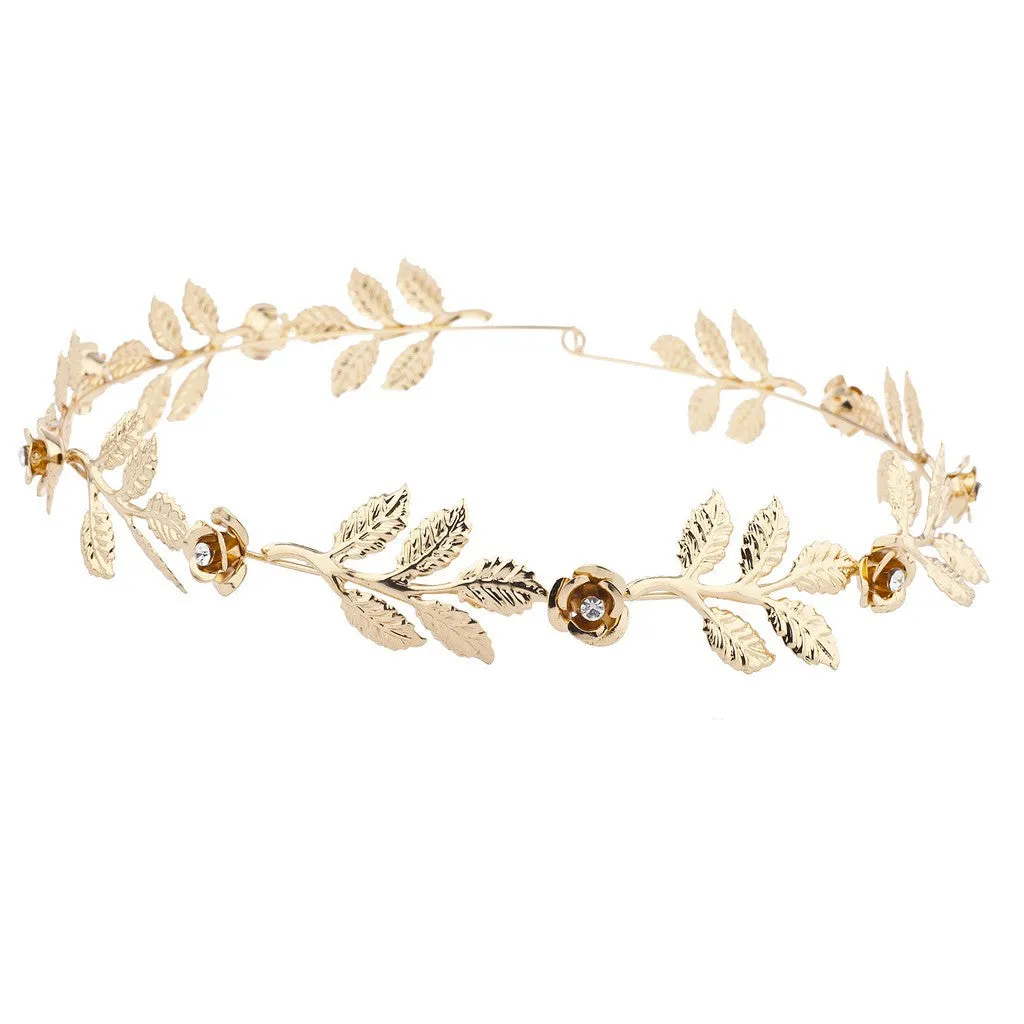 Gold tone and Rhinestone Leaf Leaves Metal Flower Crown