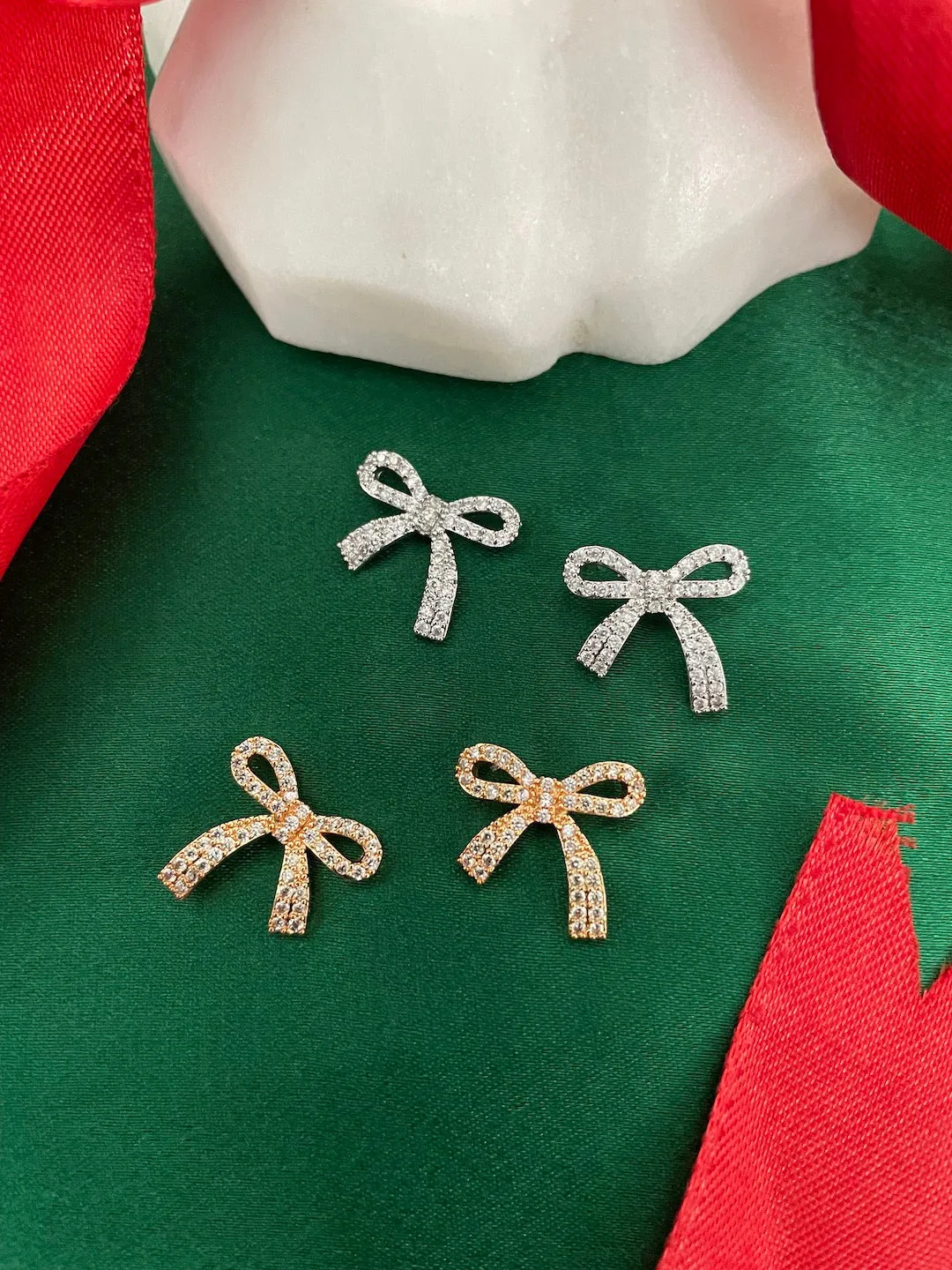 Gold/Silver Plated Bow Design AD Stud CZ Earrings | Party Wear Jewelry for Women