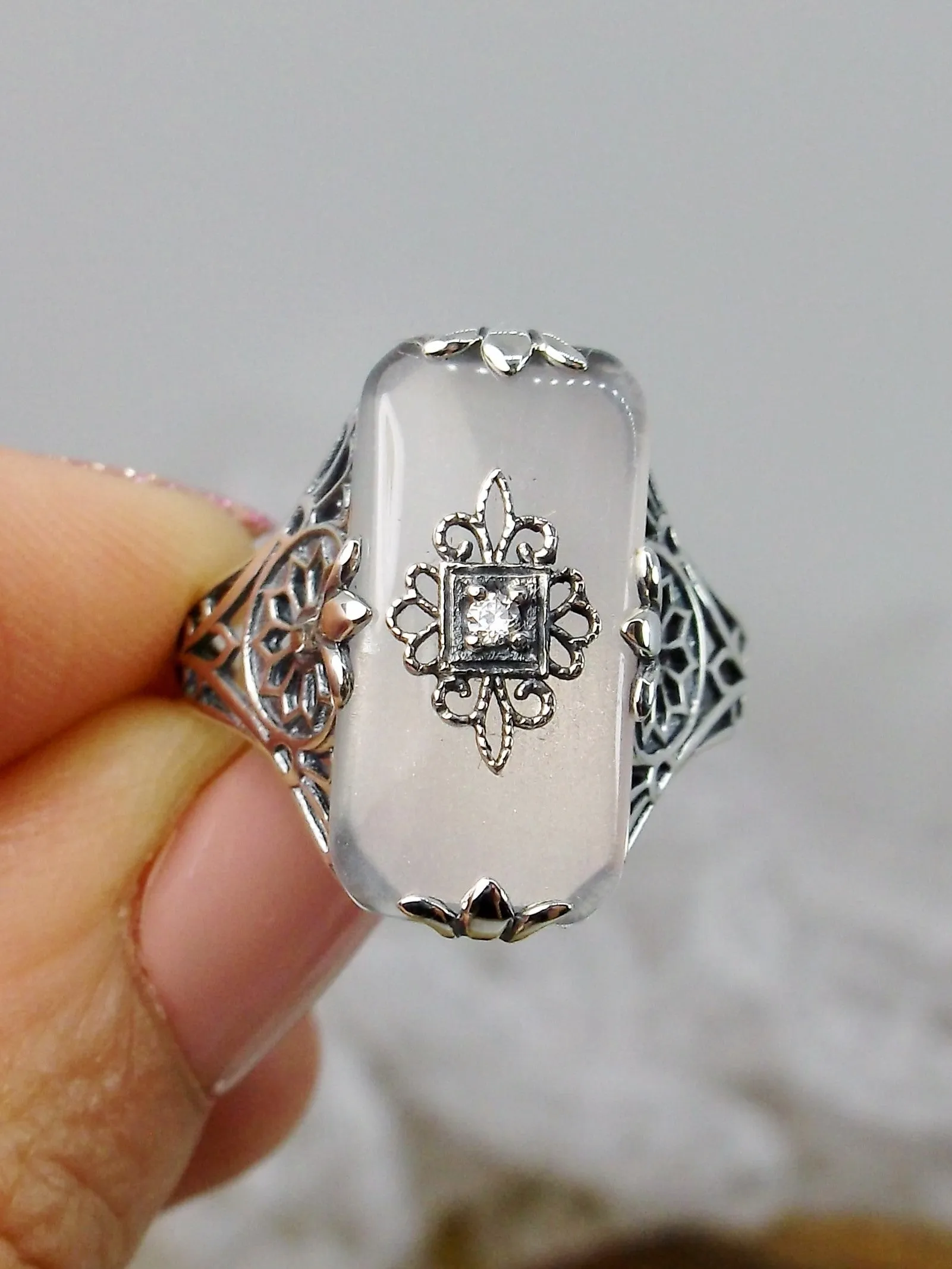 Grace Ring, Frosted Camphor Glass, Size 7.5, Edwardian Style Jewelry #D233 - Ready to Ship