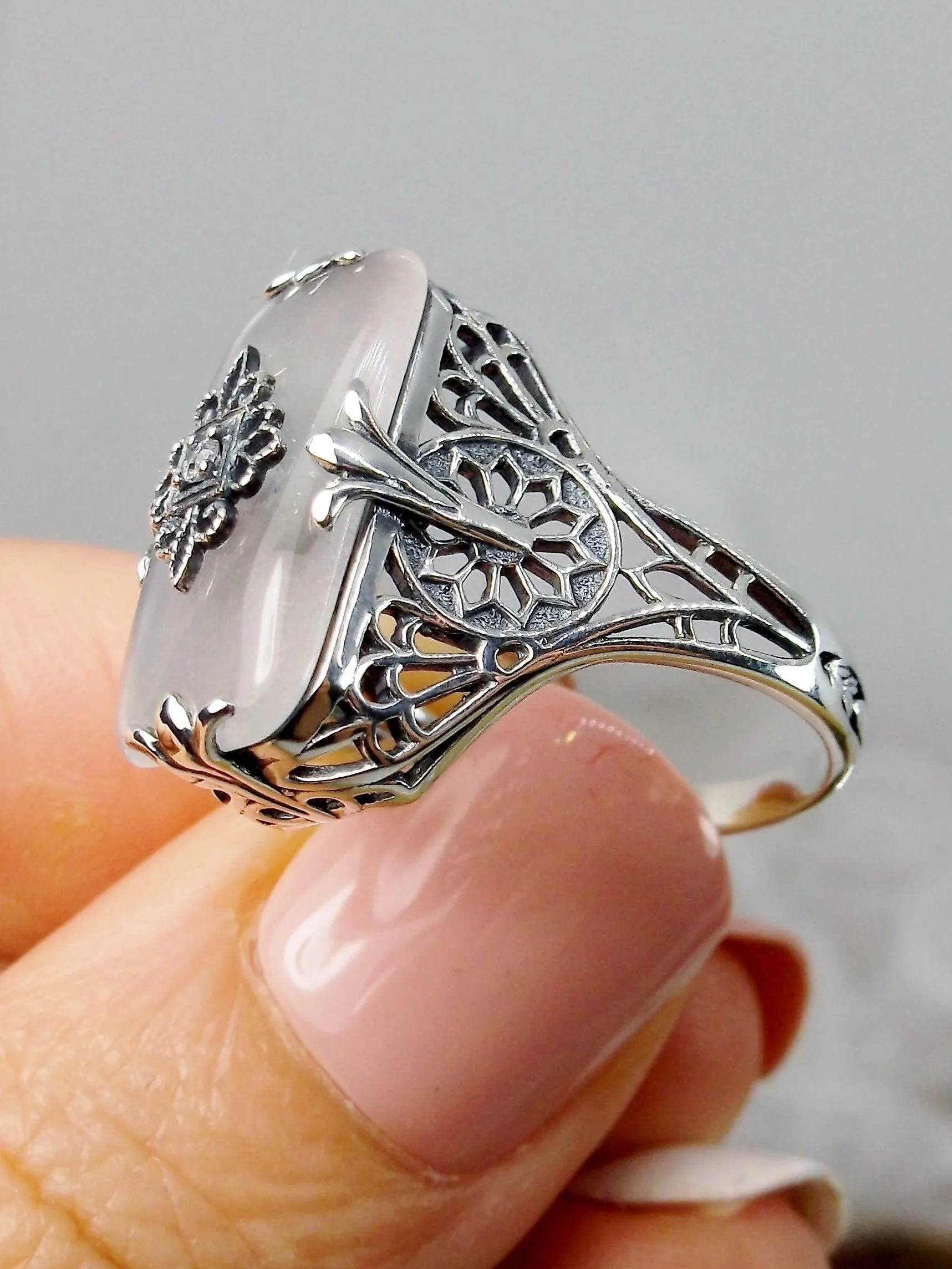 Grace Ring, Frosted Camphor Glass, Size 7.5, Edwardian Style Jewelry #D233 - Ready to Ship