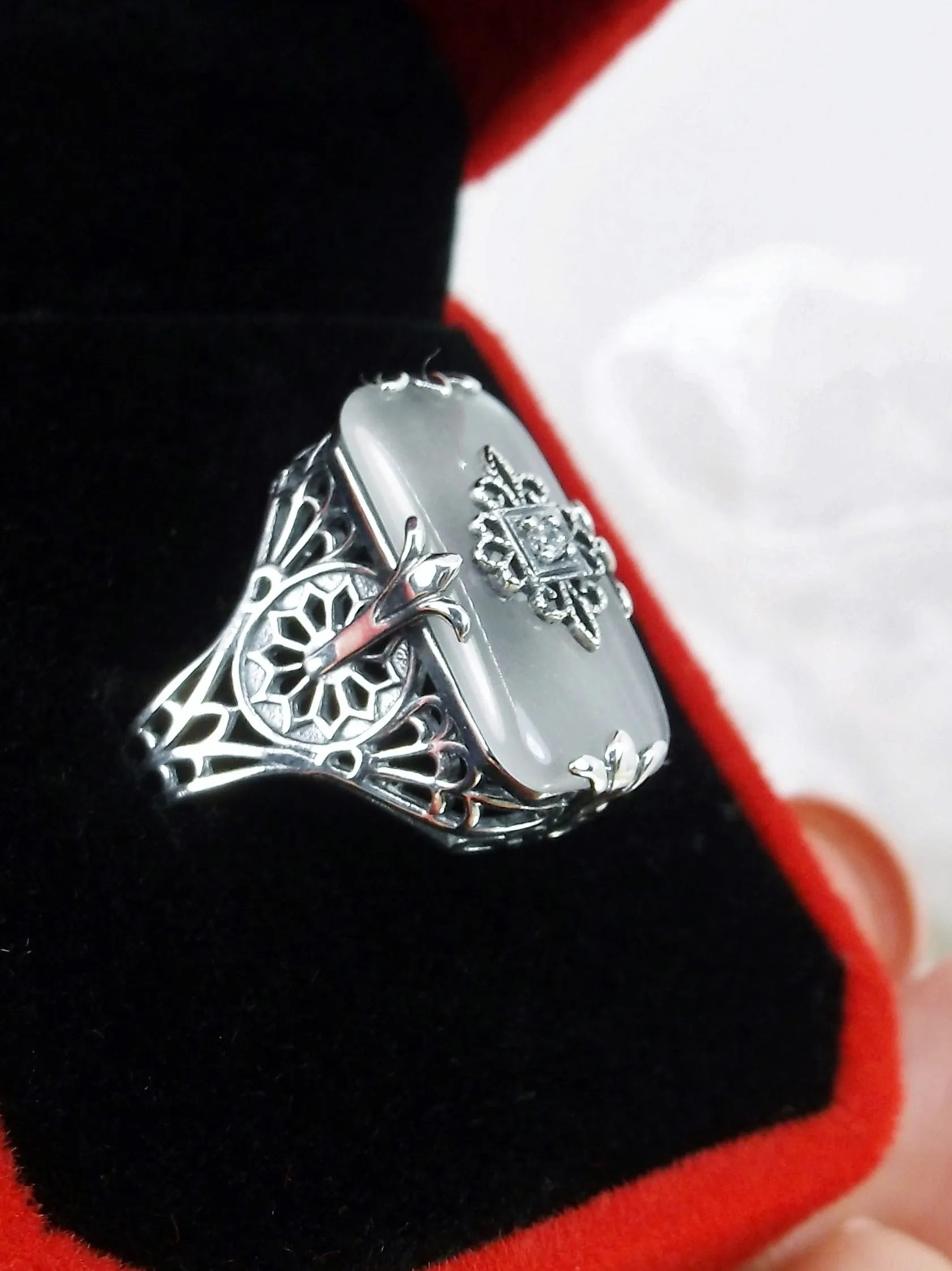 Grace Ring, Frosted Camphor Glass, Size 7.5, Edwardian Style Jewelry #D233 - Ready to Ship