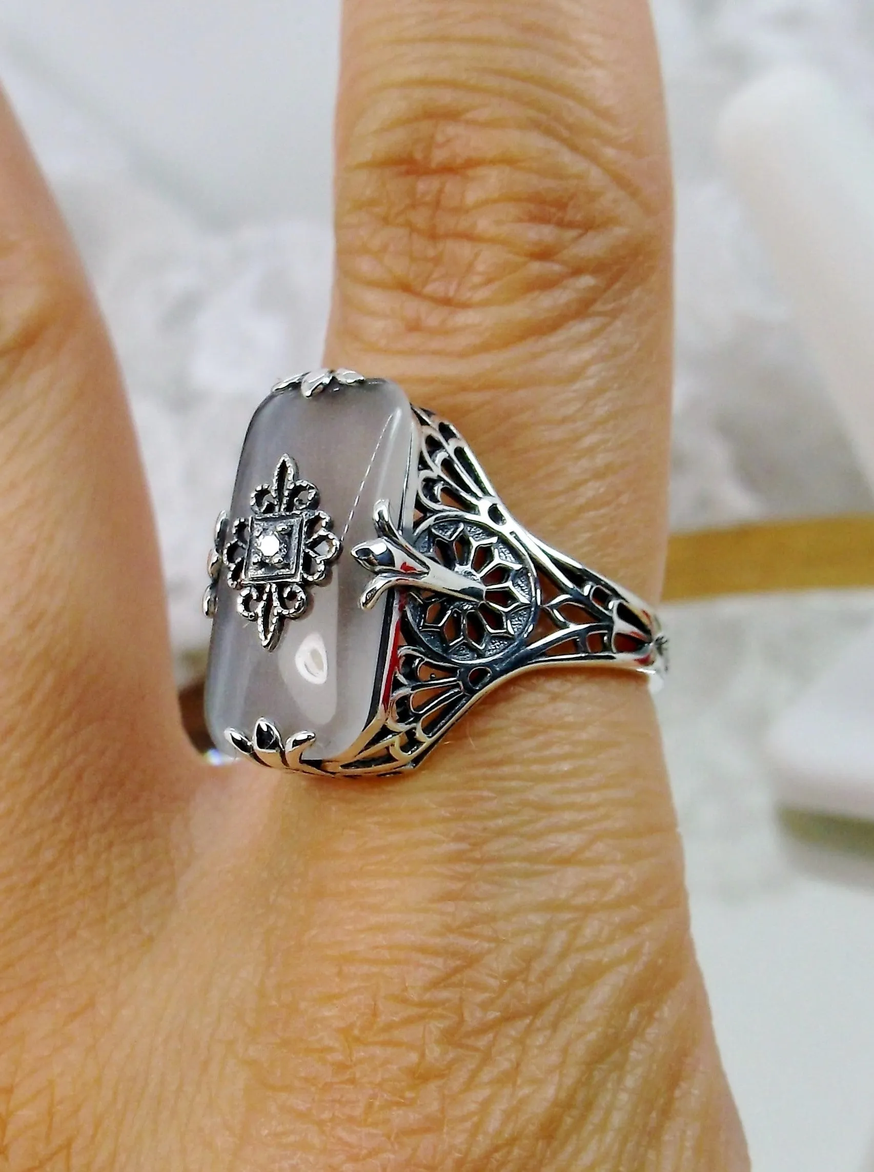 Grace Ring, Frosted Camphor Glass, Size 7.5, Edwardian Style Jewelry #D233 - Ready to Ship